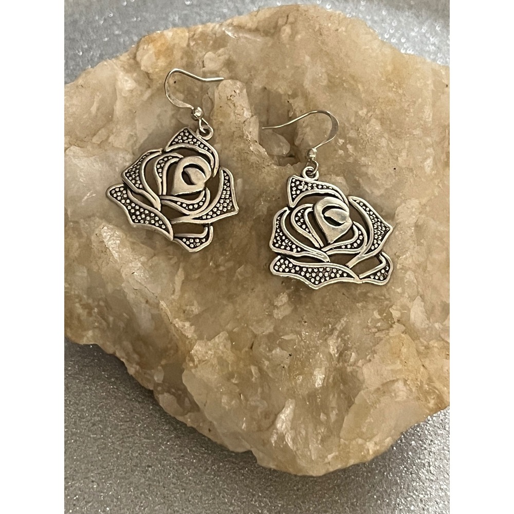 Sterling Silver Boho Glam Rose Rosebud Dangle Flower Earrings Jewelry Gift -New